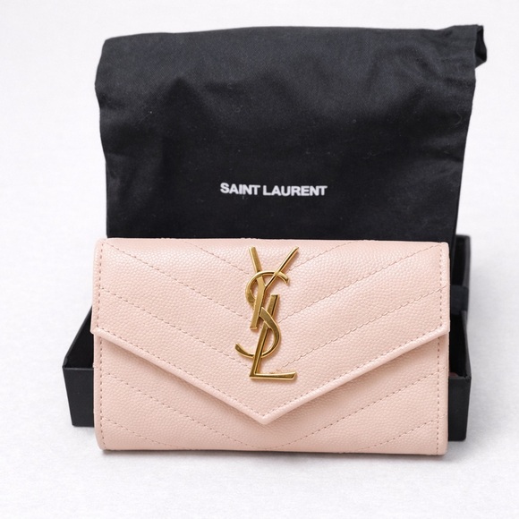 💯 Authentic Saint Laurent Monogram Envelope Wallet – Blush Pink Grain de Poudre - Picture 2 of 14